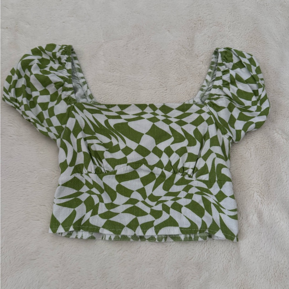 Green and White Geometric Women's Top